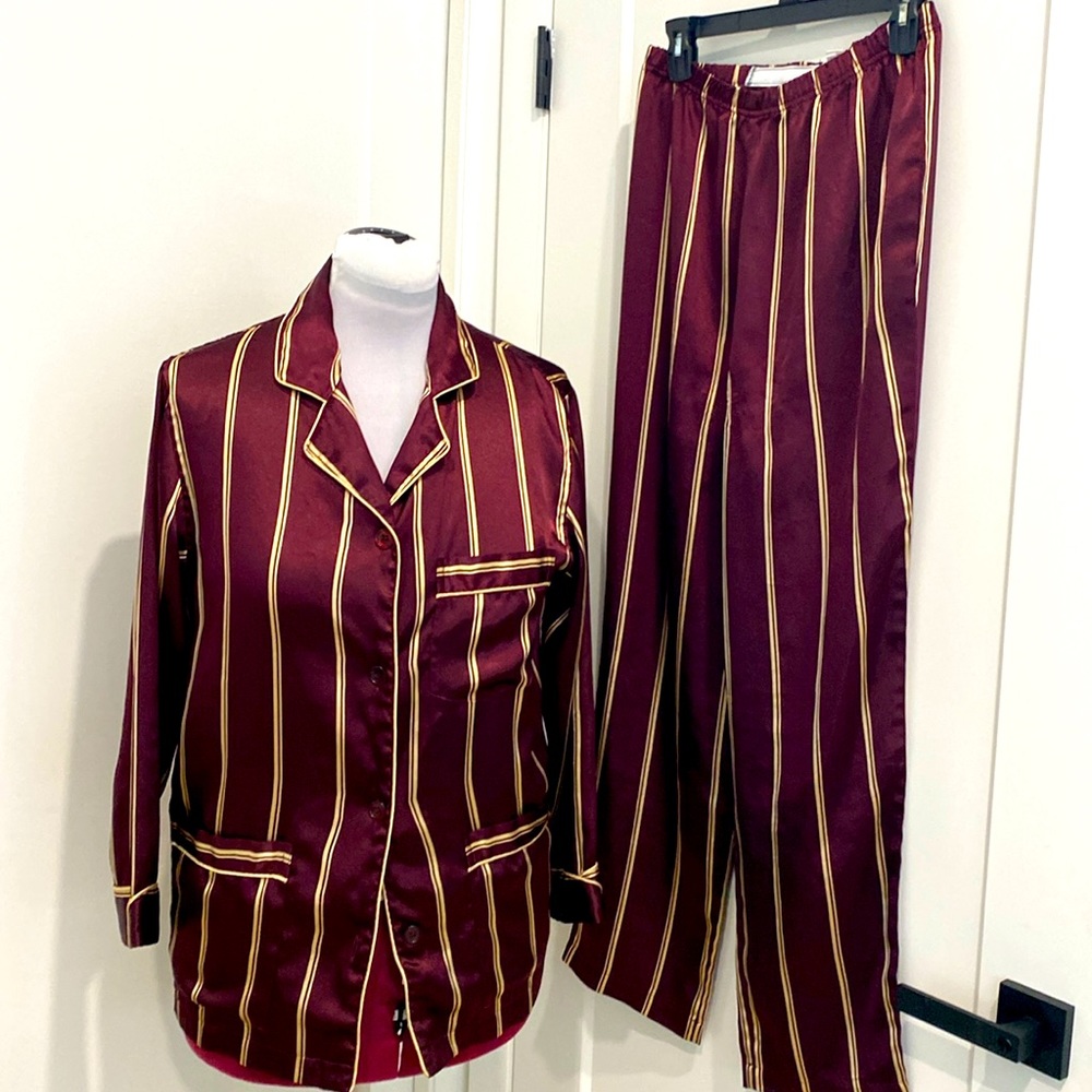 Vintage 90’s Victoria’s Secret Burgundy & Gold Stripe Satin Pajama Set| Size XS